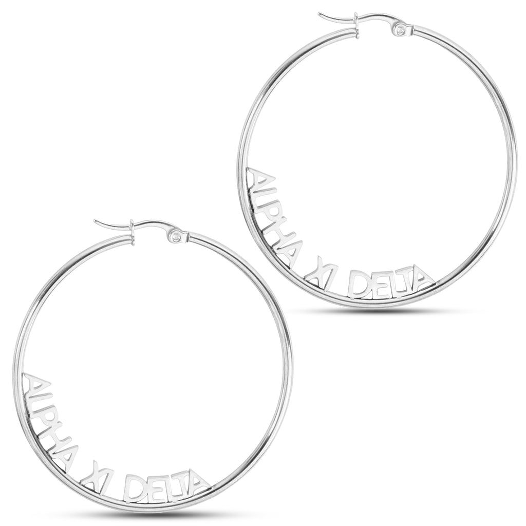 Alpha Xi Delta Silver Hoop Earrings- Name Design