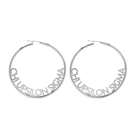 Chi Upsilon Sigma Silver Hoop Earrings- Name Design