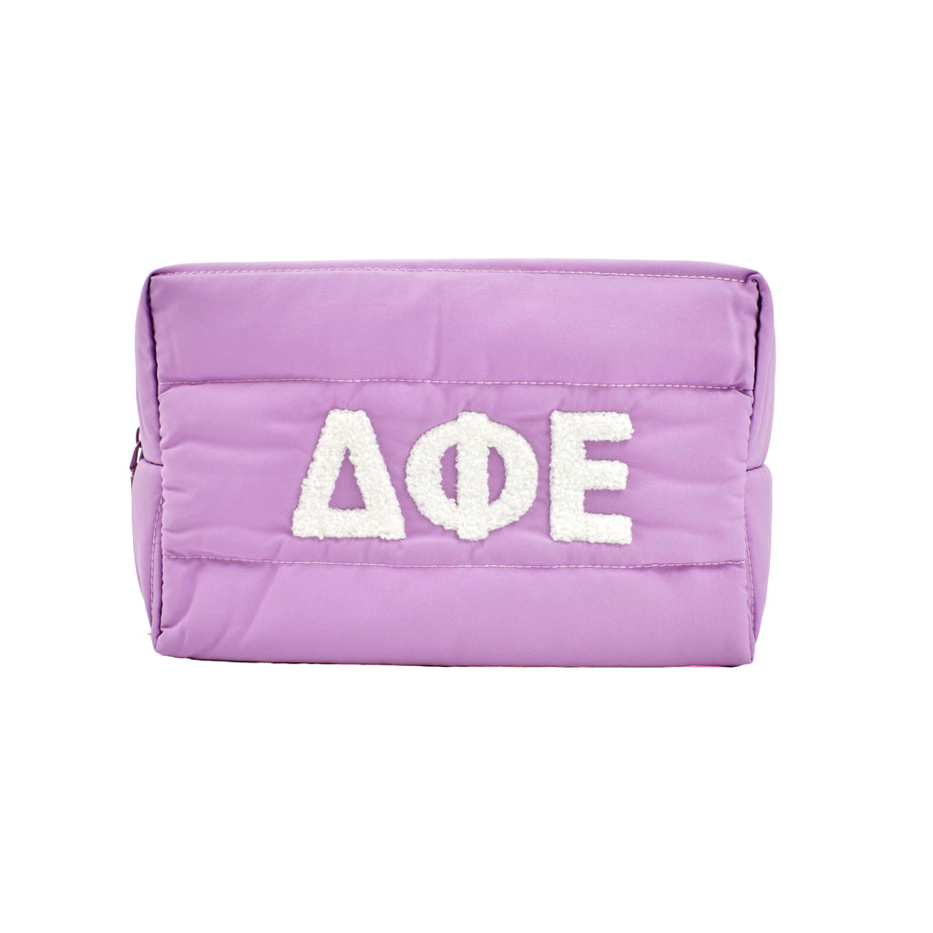 Delta Phi Epsilon Makeup Bag - Puffer Style with Sorority Letters