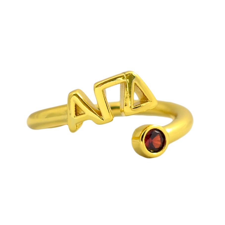 Alpha Gamma Delta Ring- Gold Plated with Greek Letters and CZ Gemstone