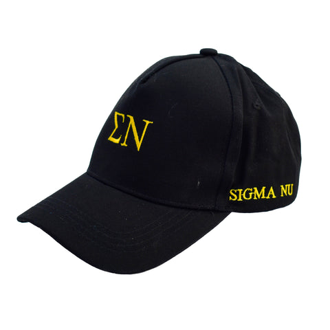 Sigma Nu Baseball Cap- Brushed Cotton 5-Panel Black Hat