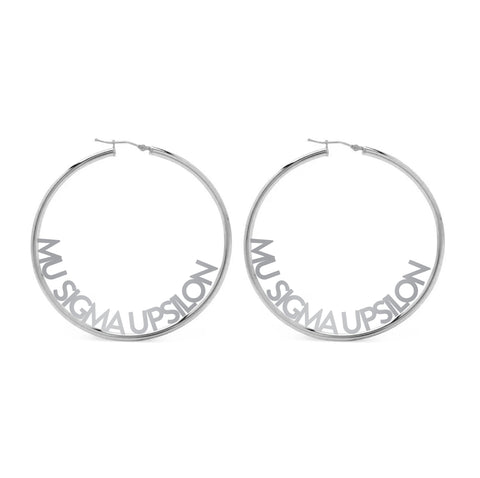 Mu Sigma Upsilon Silver Hoop Earrings- Name Design