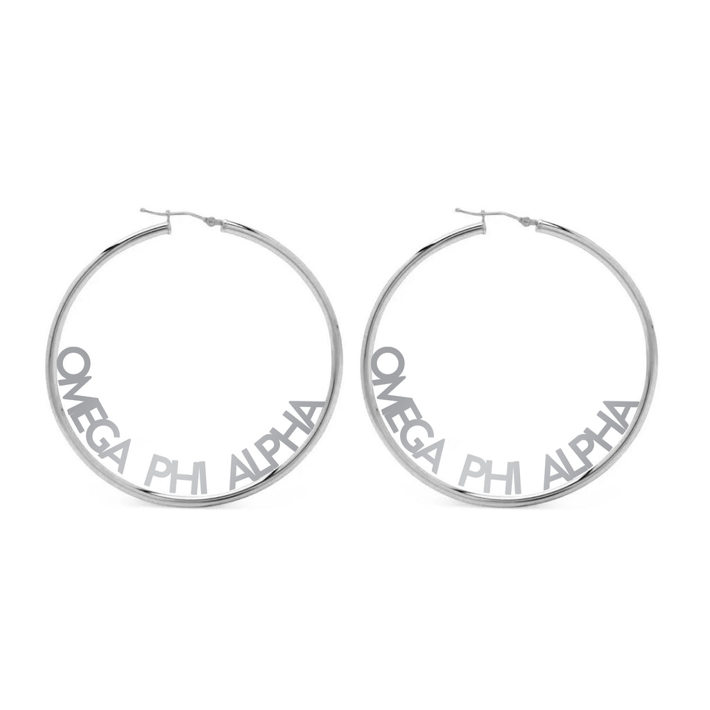 Omega Phi Alpha Silver Hoop Earrings- Name Design