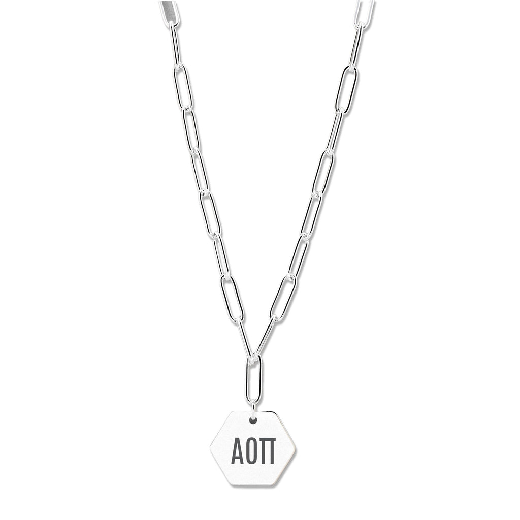 Alpha Omicron Pi Necklace- Silver Paperclip Style with AOP Pendant