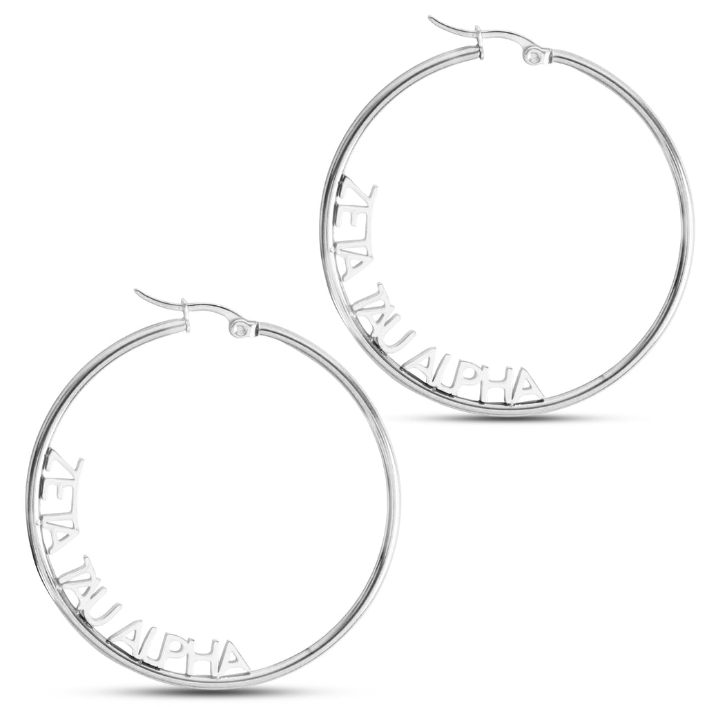 Zeta Tau Alpha Silver Hoop Earrings- Name Design